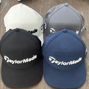 TaylorMade Golf Hats in White, Gray, Black, and Blue